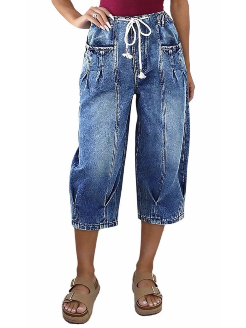 Flamingals Barrel Leg Capri High Waist Pleated Drawstring Jeans M